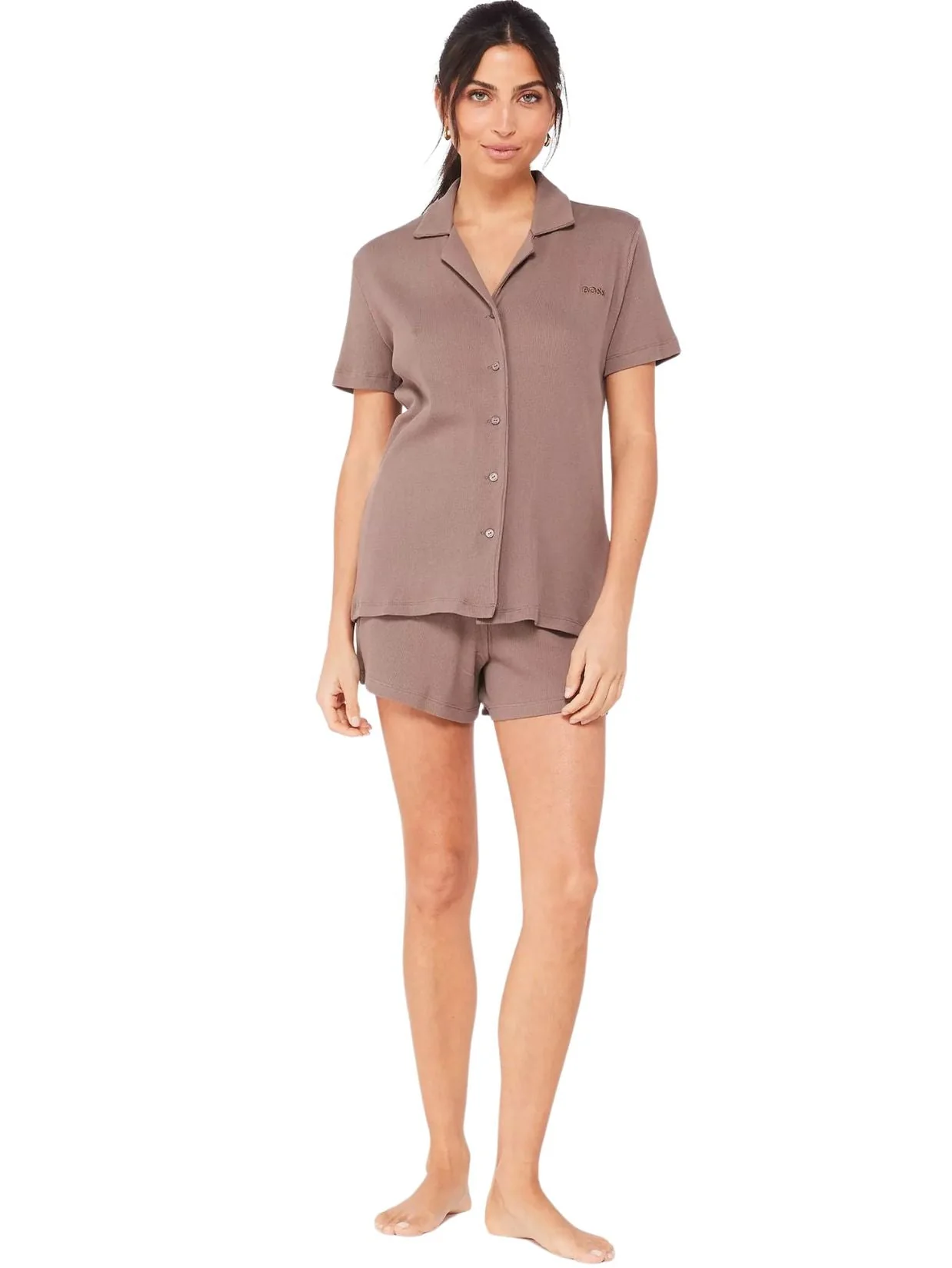 Cotton Alyssa Short Pyjama Set, Dark Brown - Image 4
