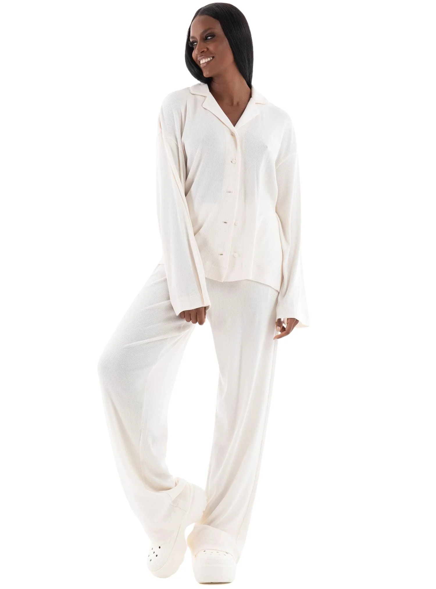 Elegant Ribbed Organic Cotton Pyjama Set, Off-White - Image 7
