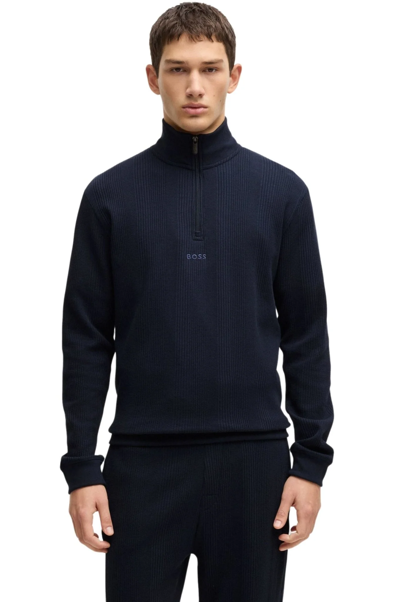 Quarter-Zip Waffle Structure Track Jacket, Dark Blue - Image 2
