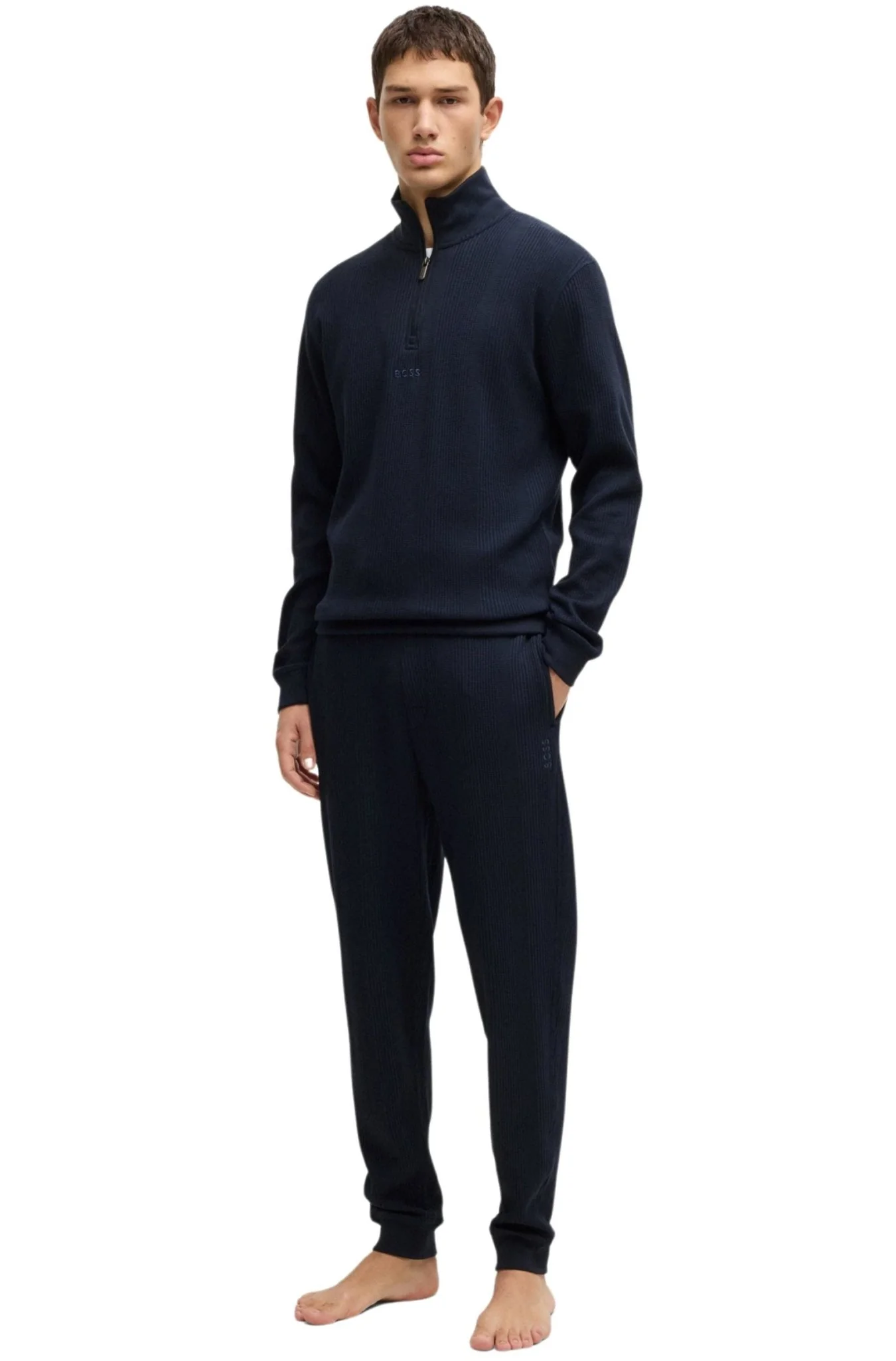 Quarter-Zip Waffle Structure Track Jacket, Dark Blue - Image 3