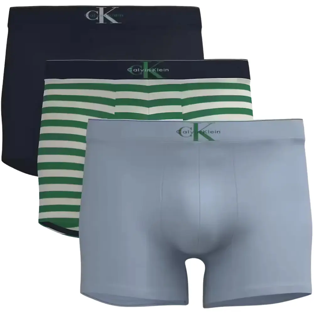 3-Pack CK Archive Stripe Boxer Trunks, Black/Green/Silver