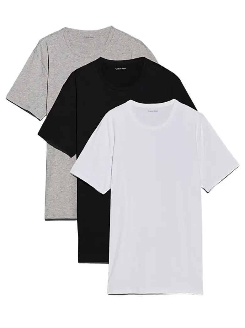 3-Pack Cotton Microfibre Stretch Crew-Neck T-Shirts, Black/White/Grey