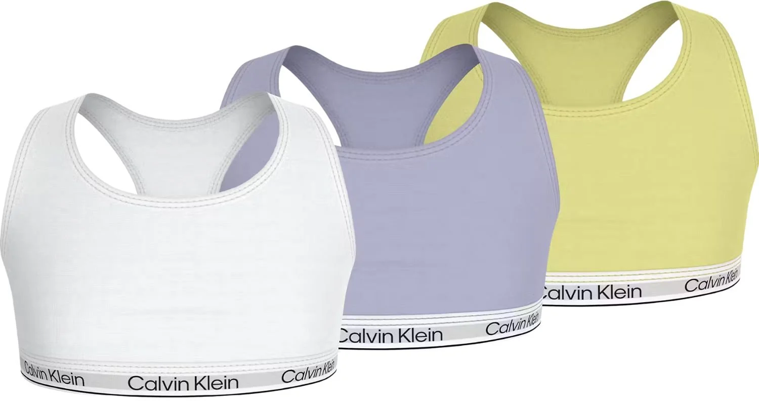 Girls 3-Pack Modern Cotton Bralettes, Purple/White/Yellow