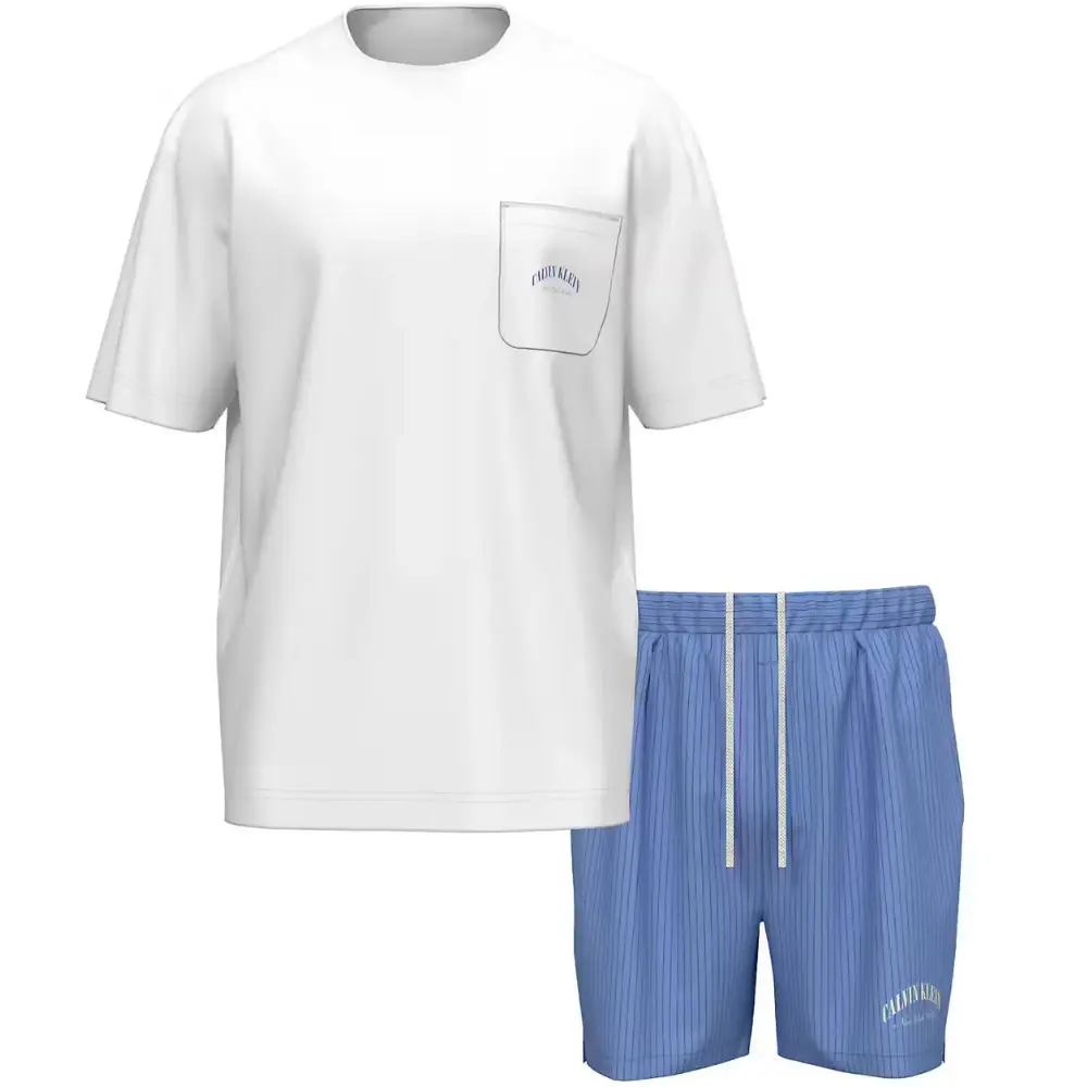 Heritage Crest T-Shirt & Woven Shorts Pyjama Set, White/Blue