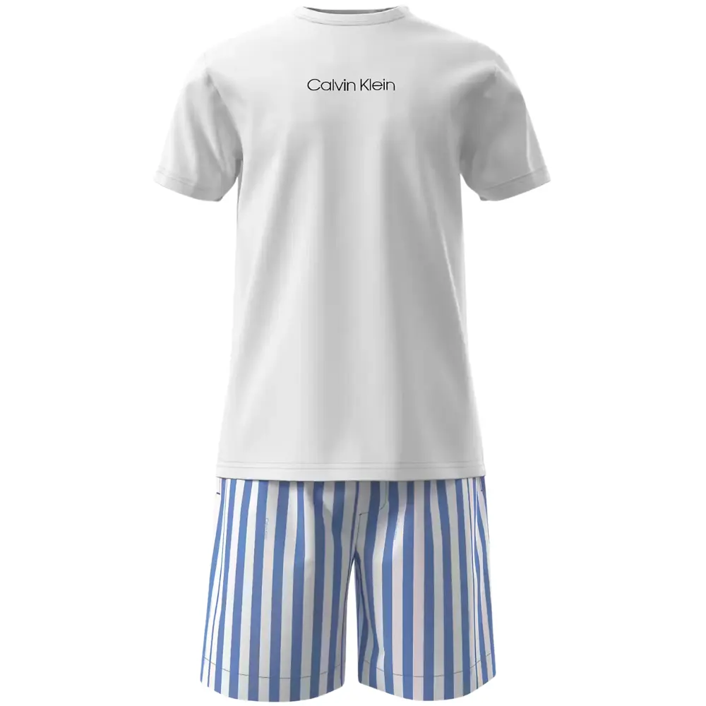 T-Shirt & Poplin Stripe Shorts Pyjama Set, White/blue
