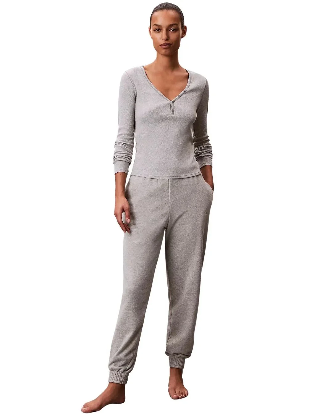 Women Cotton Terry Lounge Jogging Bottoms, Grey Heather - Image 4