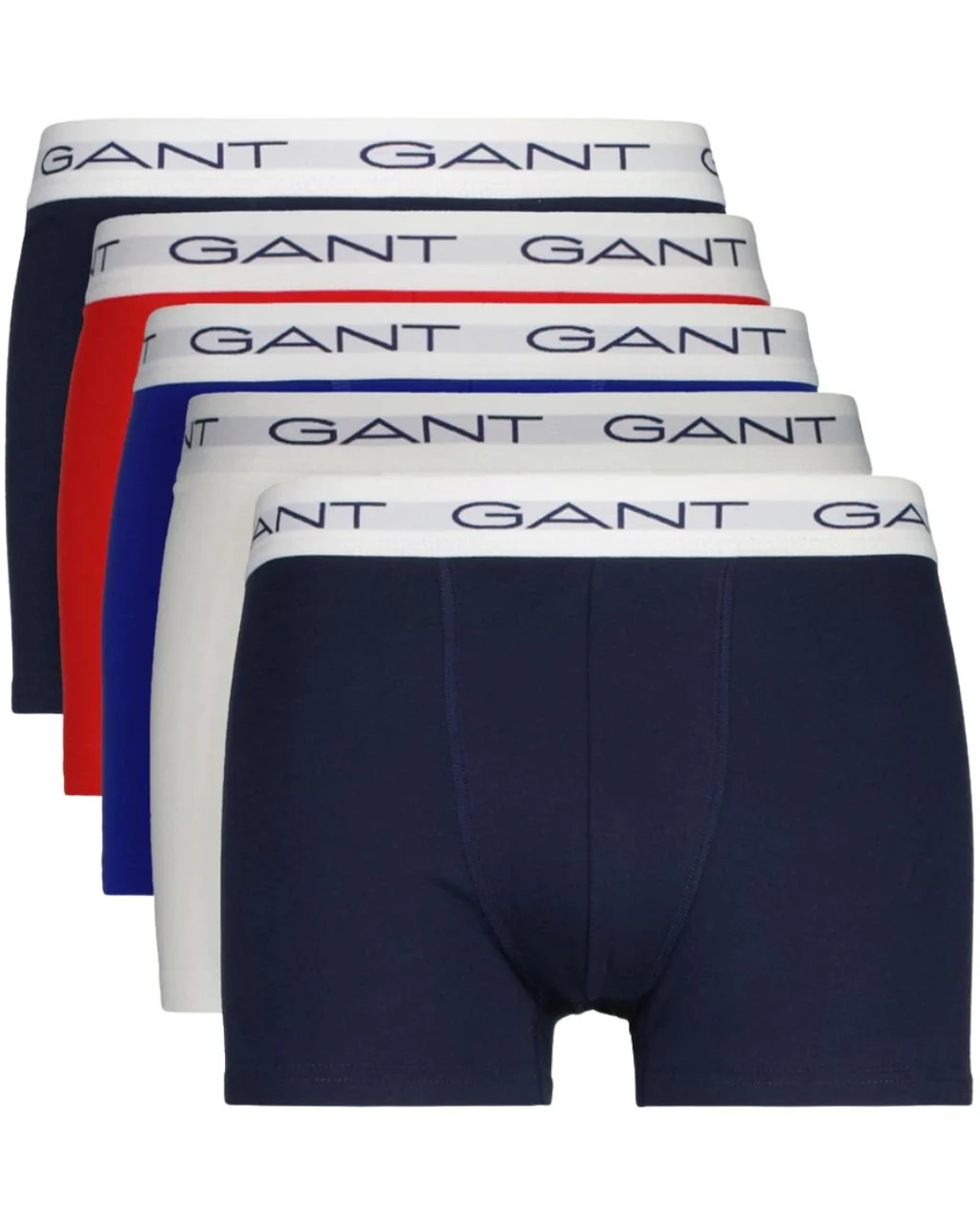 5-Pack White Waistband Boxer Trunks, Red/White/Navy/Blue/Black