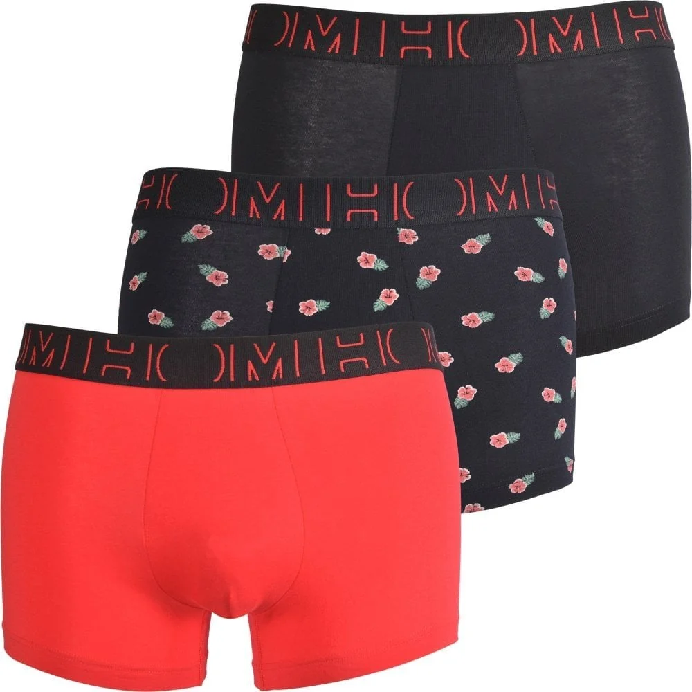 3-Pack Hibiscus Print Boxer Trunks, Black/Red