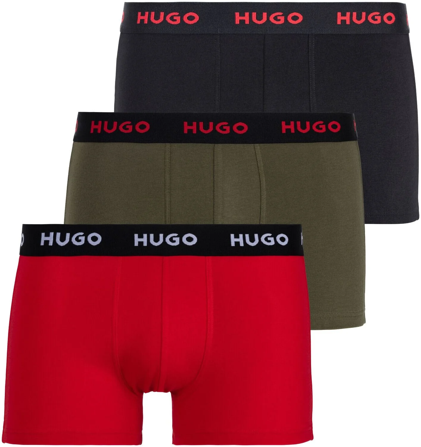 3-Pack Classic Logo Boxer Trunks, Black/Red/Khaki