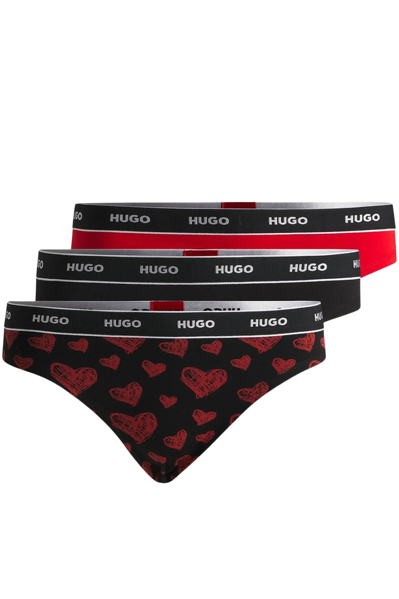 3-Pack Classic Logo Hearts Print Thongs, Black/Red