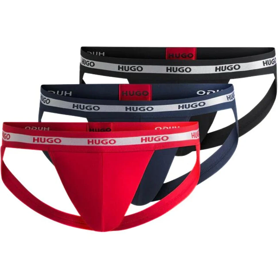 3-Pack Stripe Waistband Jockstraps, Red/Blue/Black w/ silver