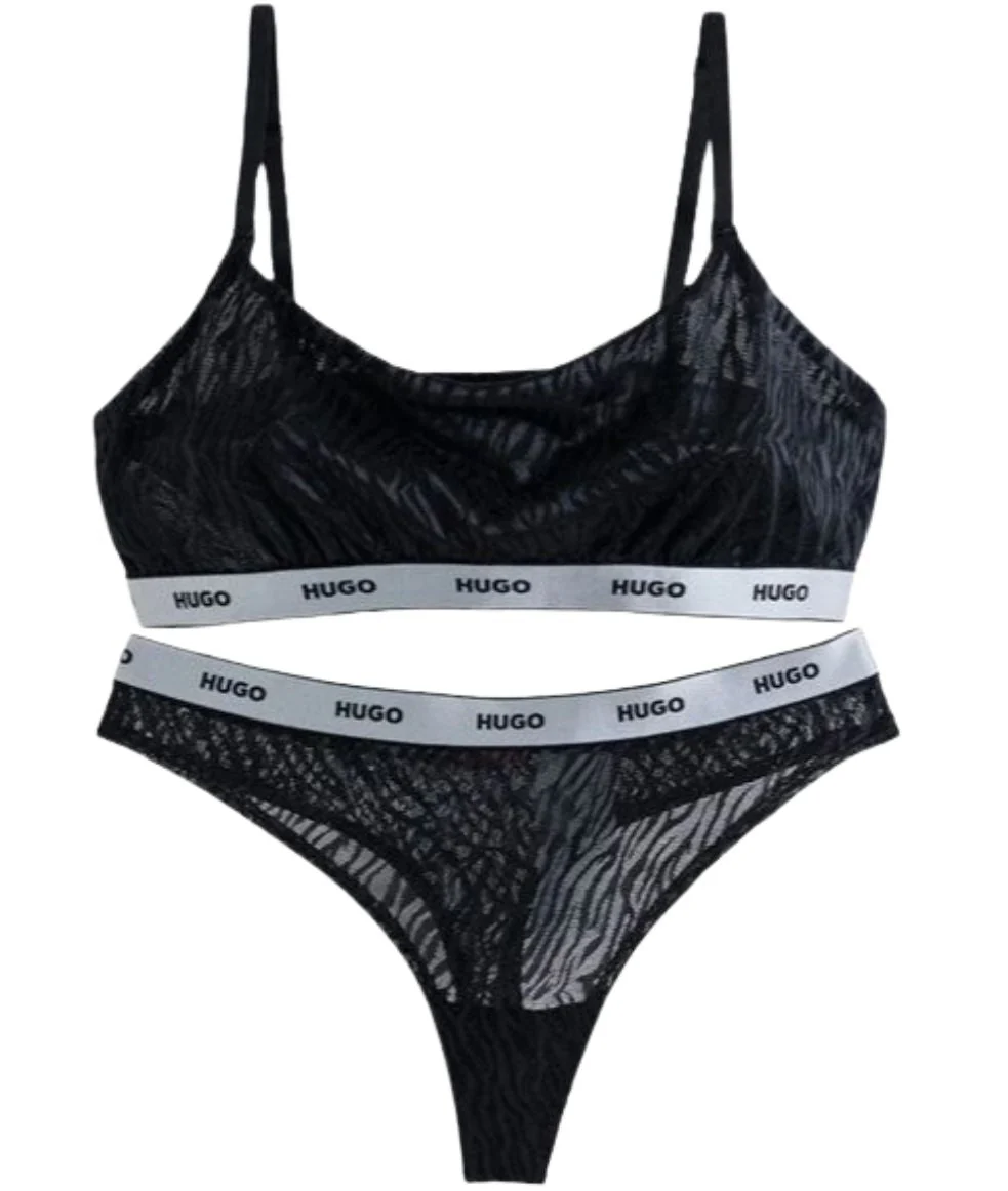 Classic Logo Lace Bra & Thong Gift Set, Black/silver