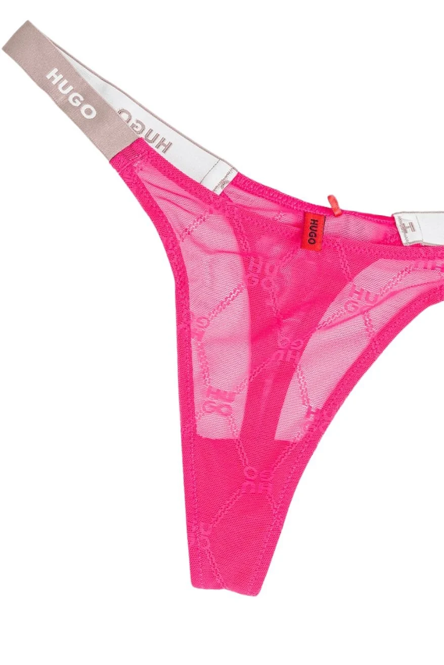 Sporty Logo Lace G-String, Bright Pink - Image 3