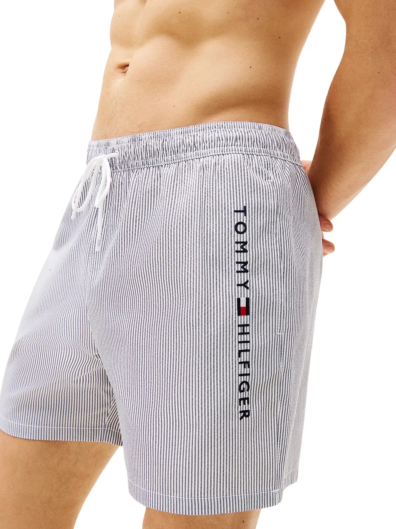 Original Stripe Mid Length Swim Shorts, Ithaca White/Desert Sky - Image 3