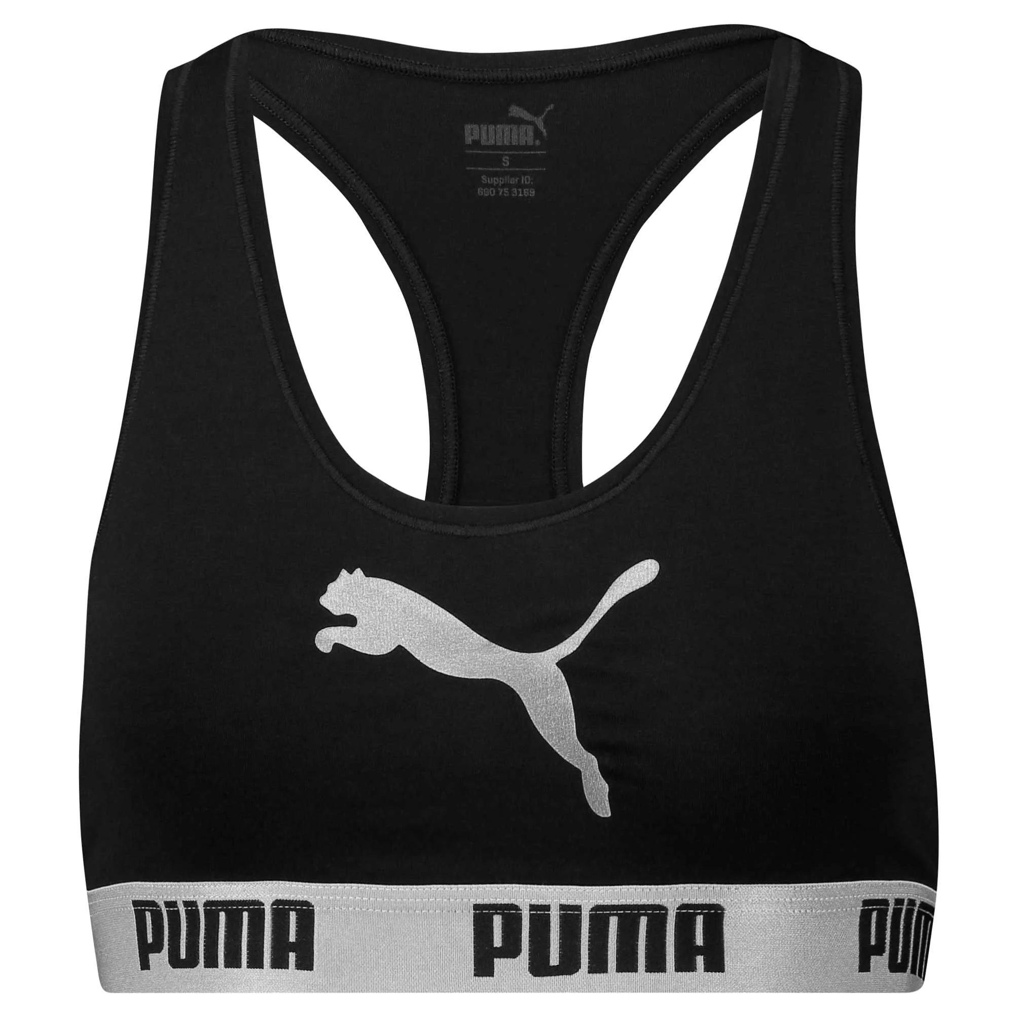 Cotton Modal Stretch Cat Logo Racerback Bra, Black / Silver