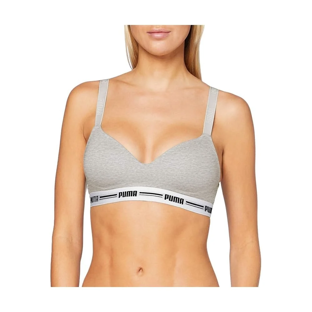Striped Logo Padded Bra Top, Grey Melange - Image 2