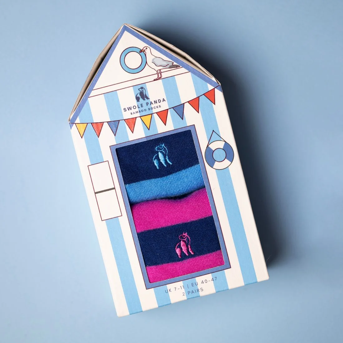 2-Pack Beach Hut Stripes Bamboo Socks Gift Box, Blue/Pink