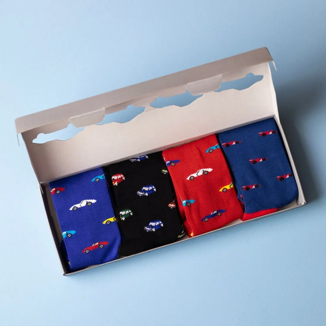 4-Pack Racing Cars Bamboo Socks Gift Box, Red/Black/Blue - Image 2