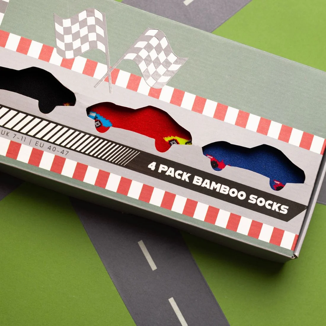 4-Pack Racing Cars Bamboo Socks Gift Box, Red/Black/Blue - Image 3