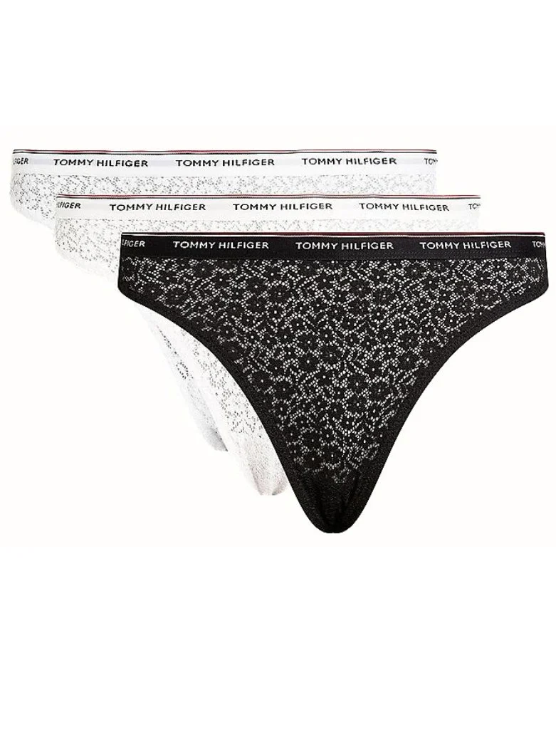 3-Pack Premium Essential Lace Thongs, Black/White/Light Pink