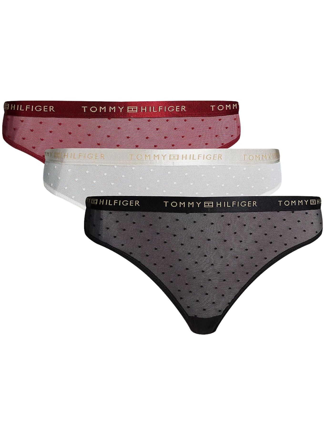 3-Pack Polka Dot Mesh Thongs Gift Set, Ivory/Rouge/Black