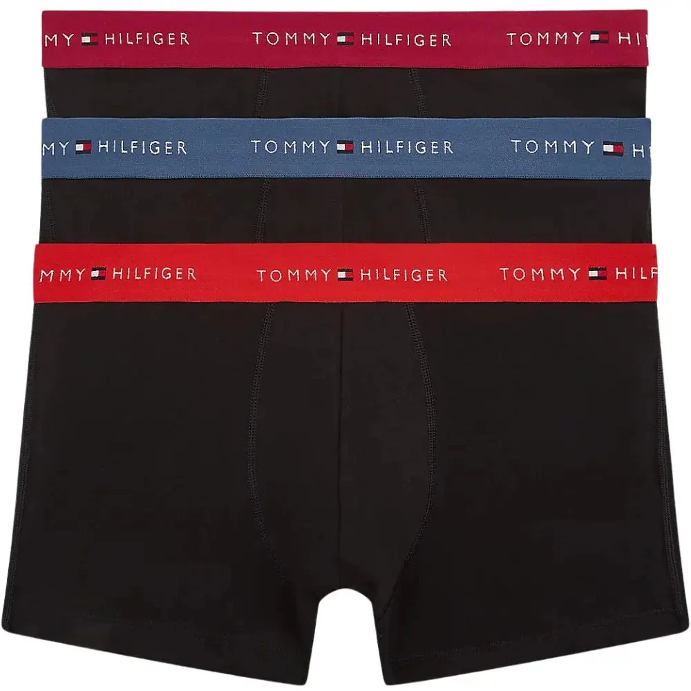 3-Pack Signature Cotton Boxer Trunks, Black w/ burgundy/red/blue