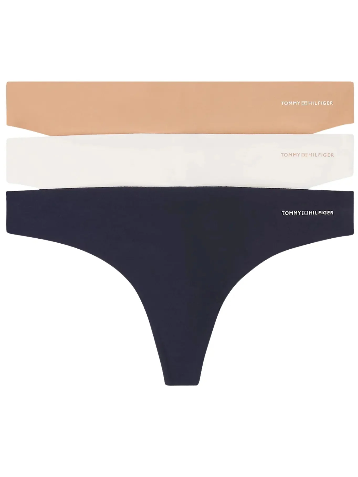 3-Pack Sleek Logo Thongs, Ivory/Beige/Navy