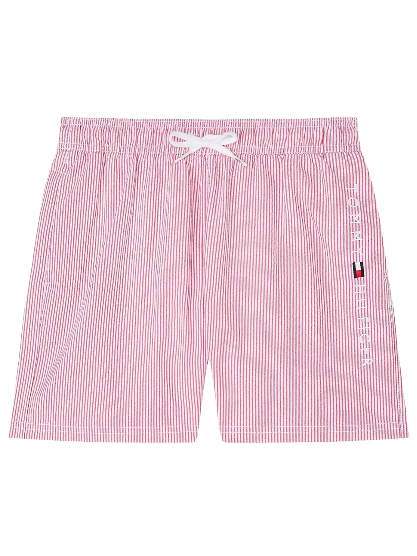 Boys Original Ithaca Stripe Mid Length Swim Shorts, Ithaca White & Medium Red