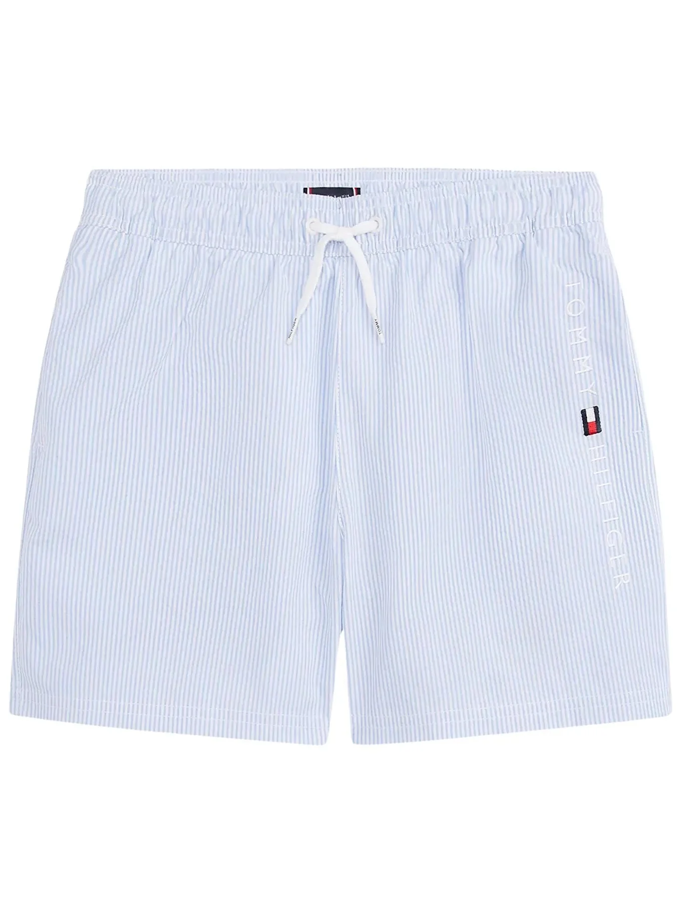 Boys Original Ithaca Stripe Mid Length Swim Shorts, Ithaca White & Sweet Blue