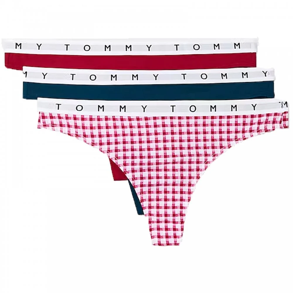 Cotton 3-Pack Thong, Exotic Berry/Gingham/Night Diver