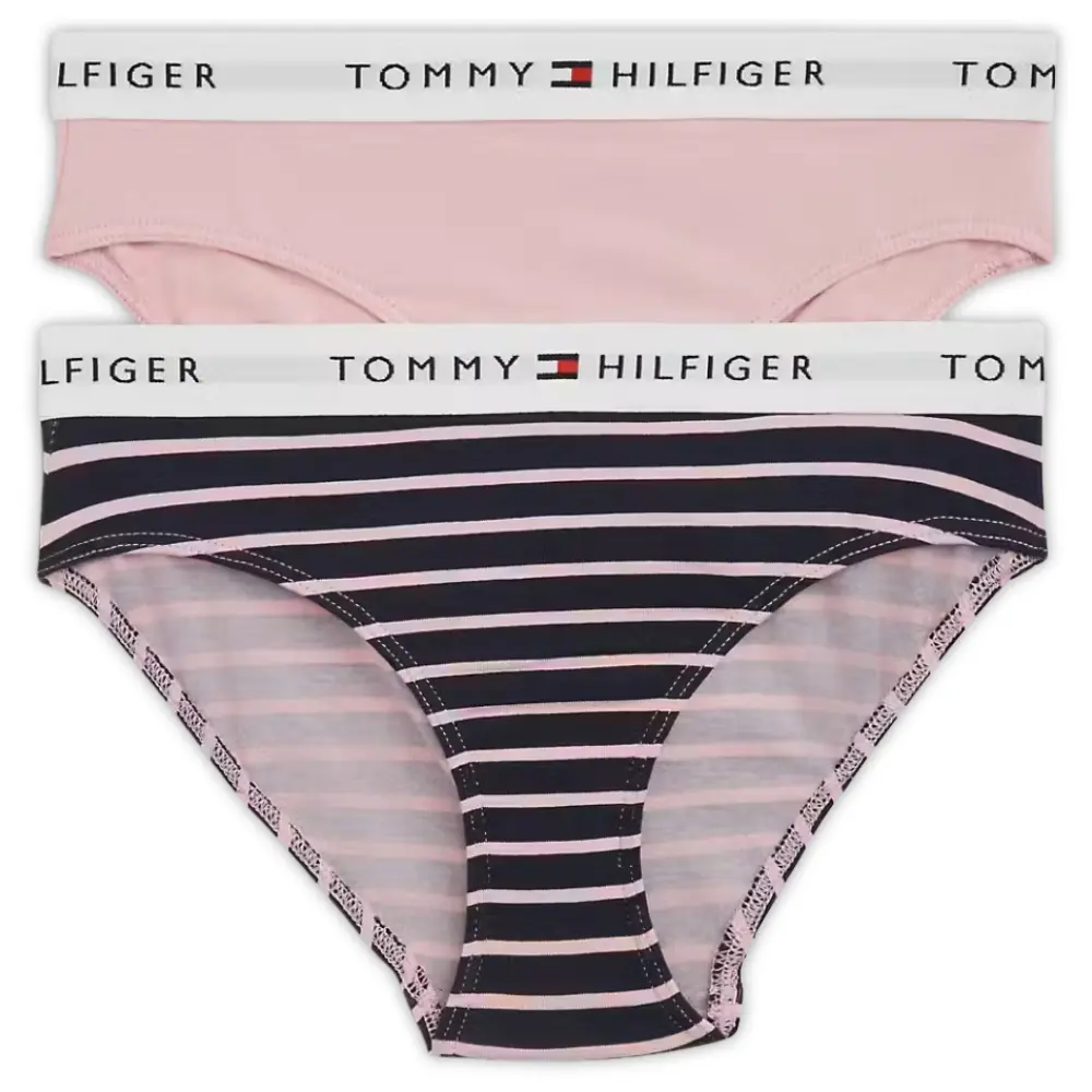 Girls 2-Pack Breton Stripe Bikini Briefs, Pink/Navy