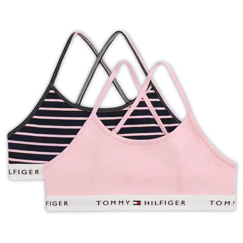 Girls 2-Pack Breton Stripe Strappy Bralette Set, Pink/Navy