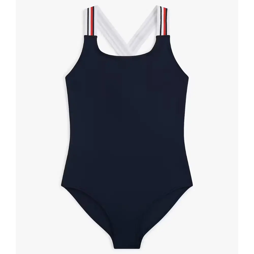 Girls Global Stripe Cross-Back Swimsuit, Dark Night Navy