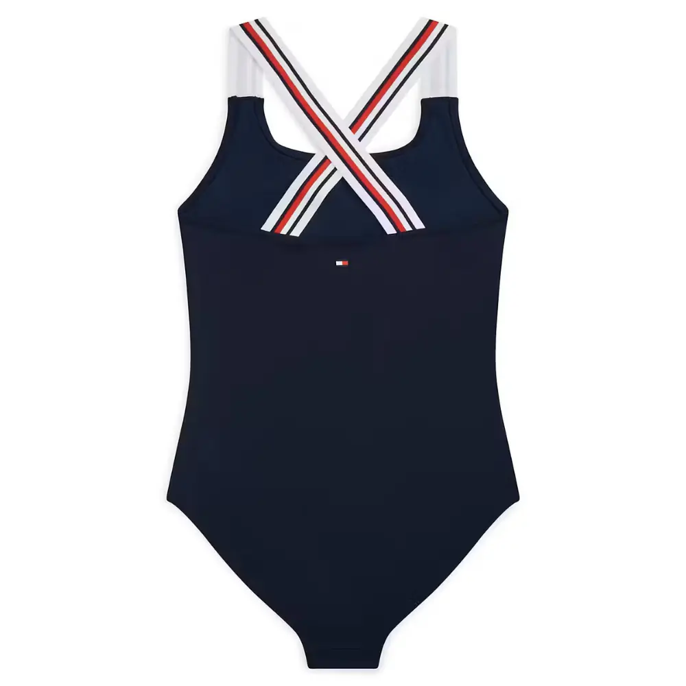 Girls Global Stripe Cross-Back Swimsuit, Dark Night Navy - Image 2