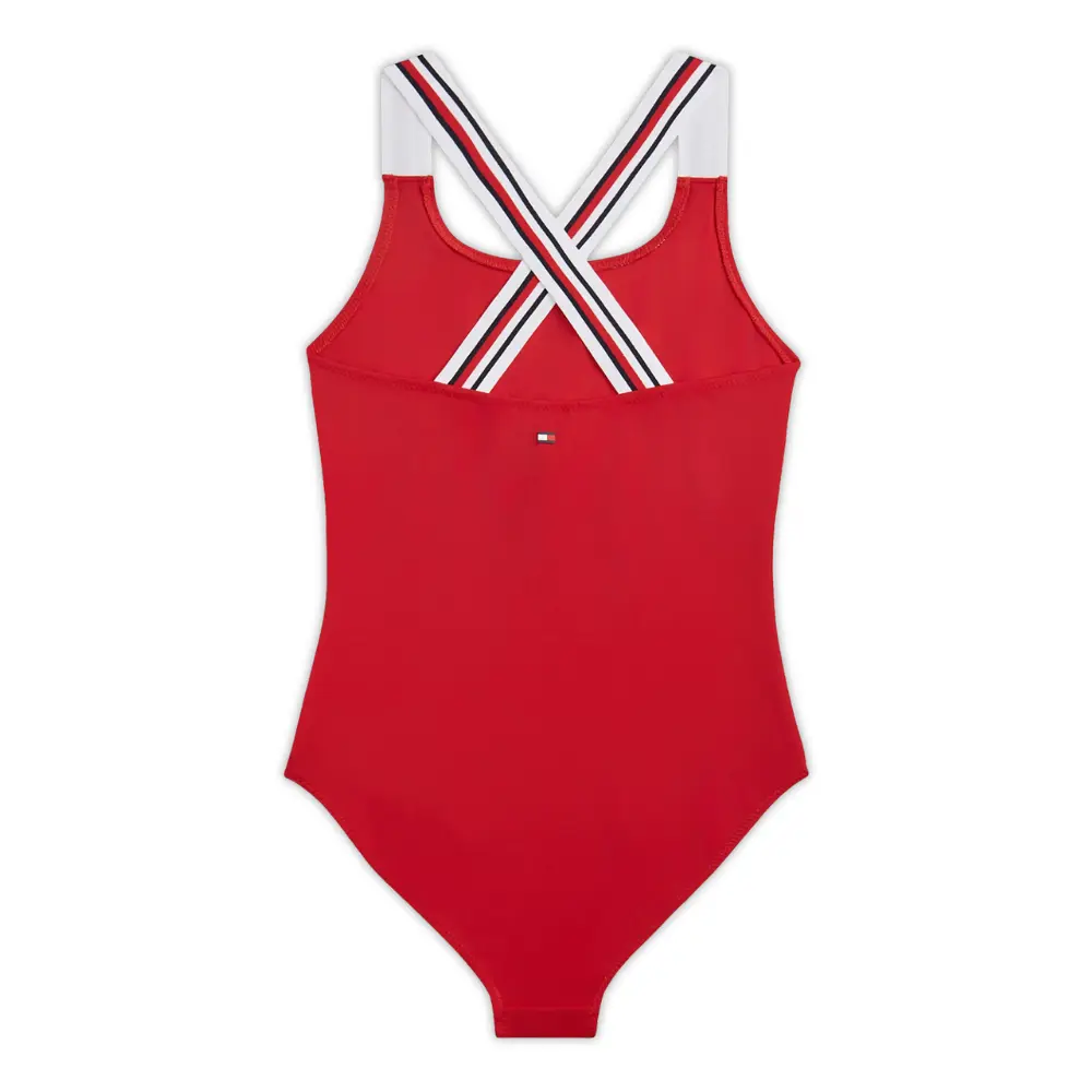 Girls Global Stripe Cross-Back Swimsuit, Primary Red - Image 2
