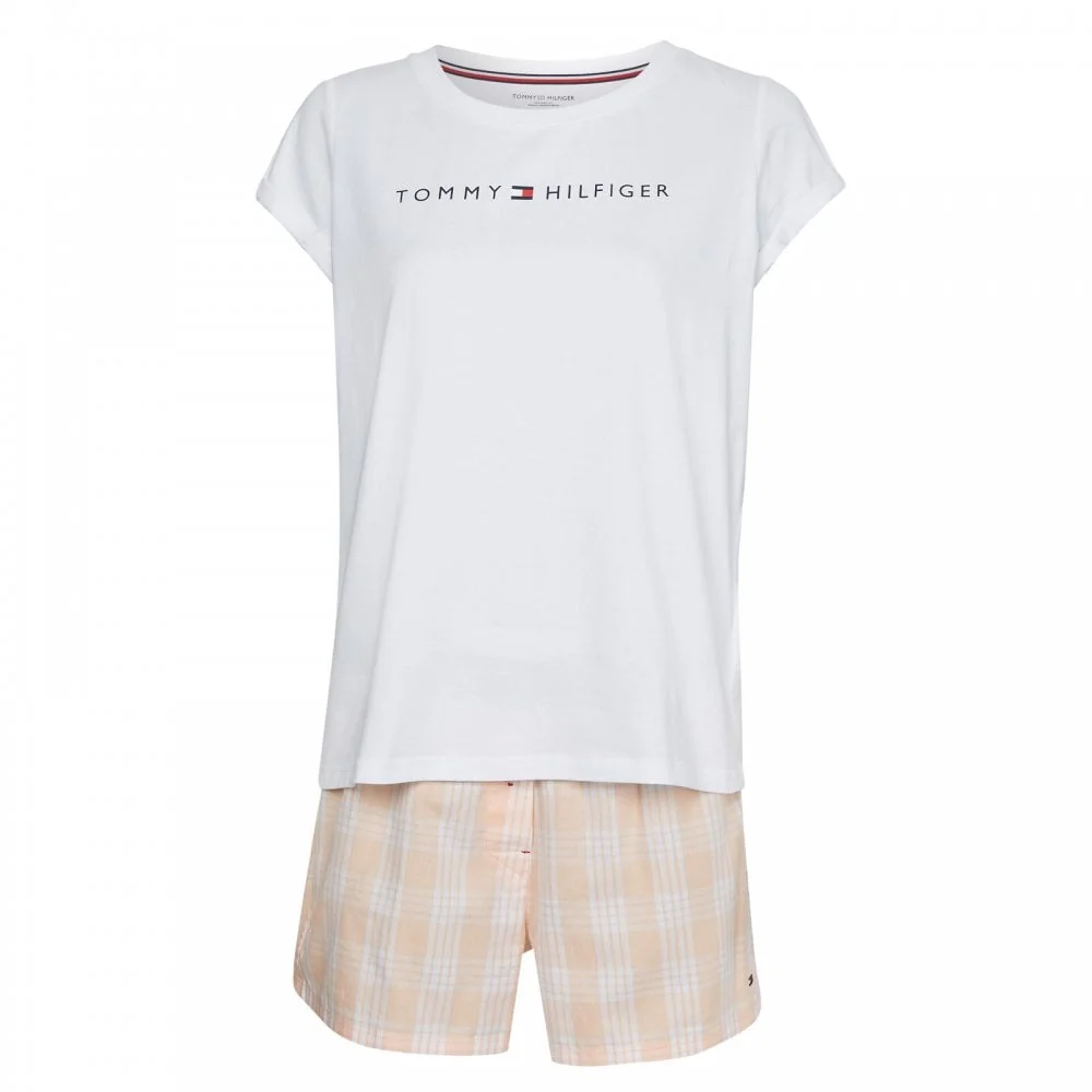 Short Sleeve Womens Woven Short Set White, Palaka Plaid