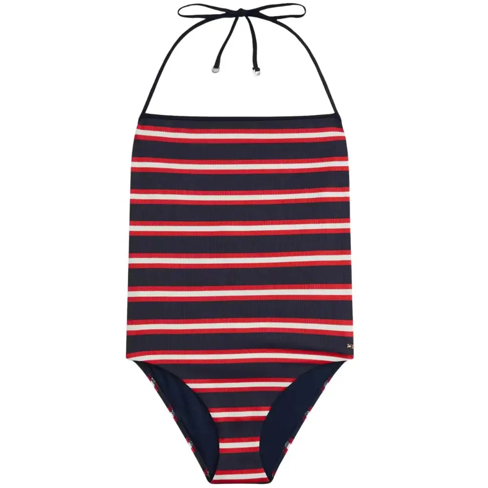 TH Texture Halterneck Swimsuit, New Preppy Stripe Navy - Image 2