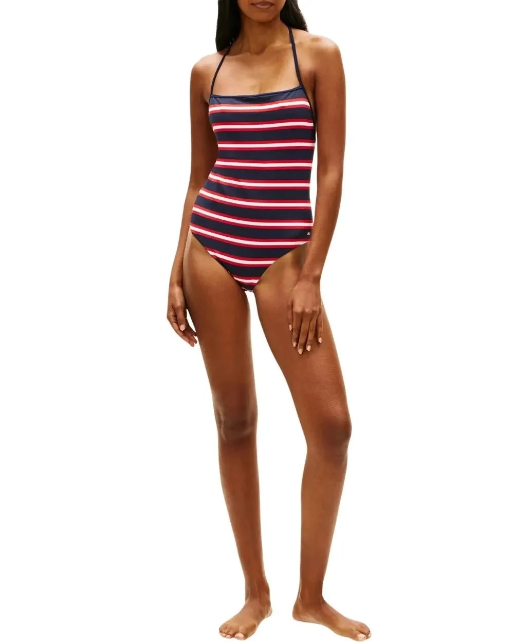 TH Texture Halterneck Swimsuit, New Preppy Stripe Navy - Image 3