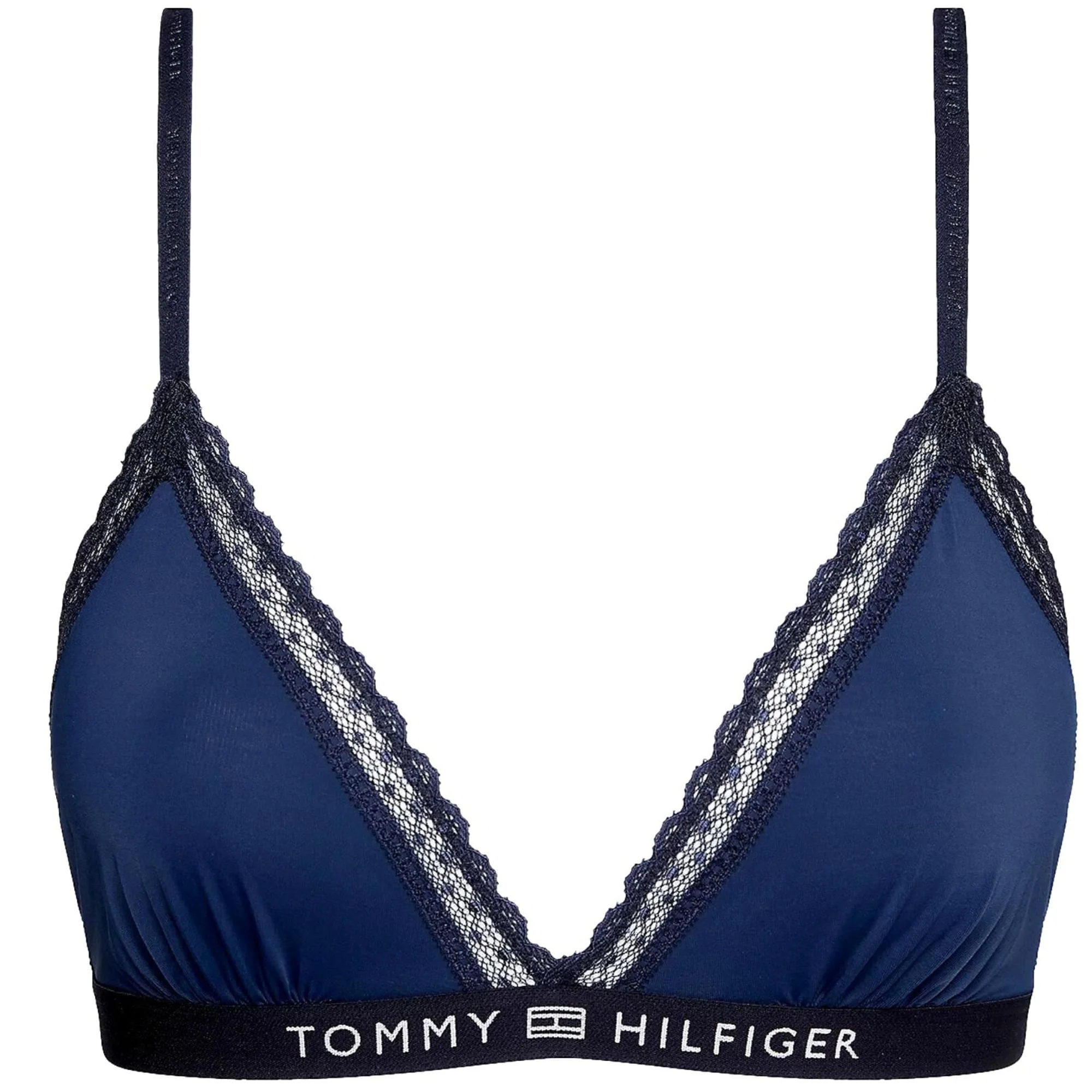 TH Tonal Logo Lace Unlined Triangle Bra, Navy
