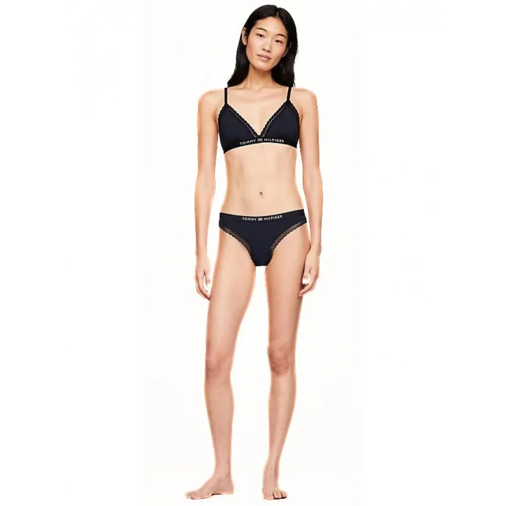 TH Tonal Logo Lace Unlined Triangle Bra, Navy - Image 10