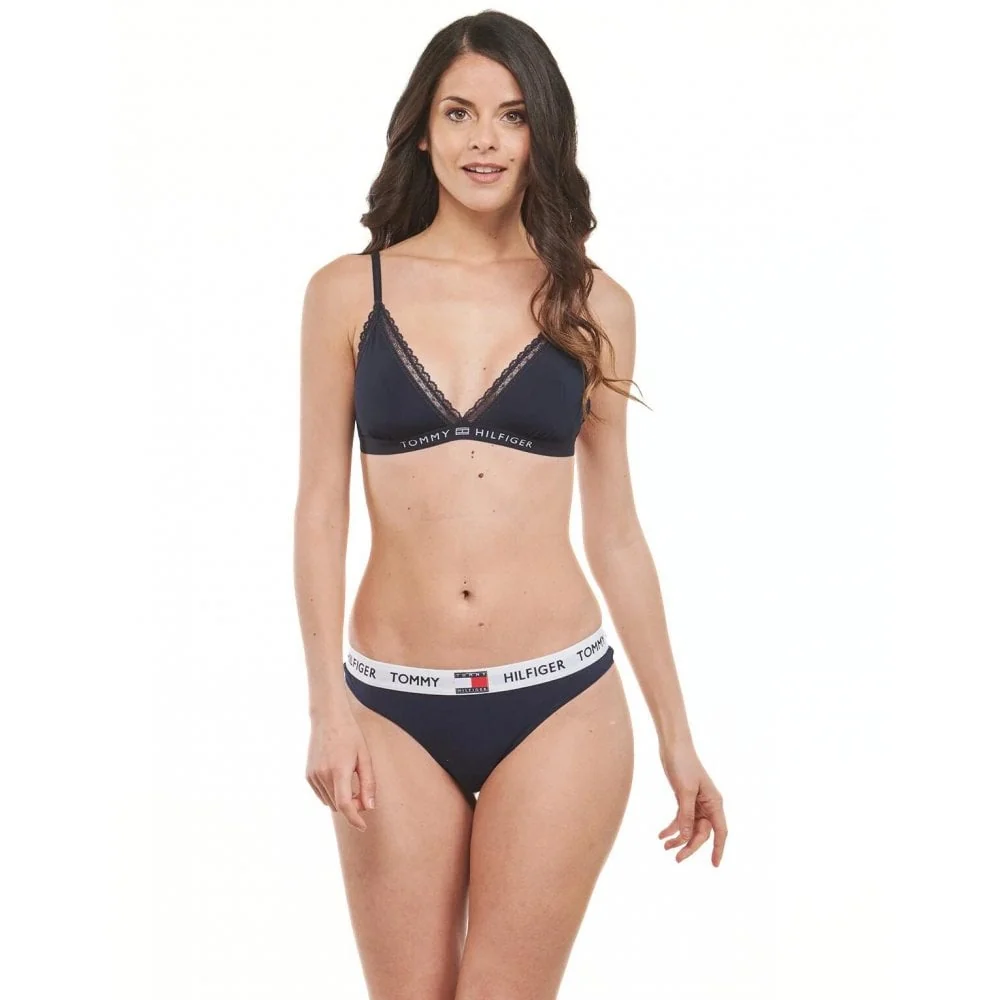 TH Tonal Logo Lace Unlined Triangle Bra, Navy - Image 3