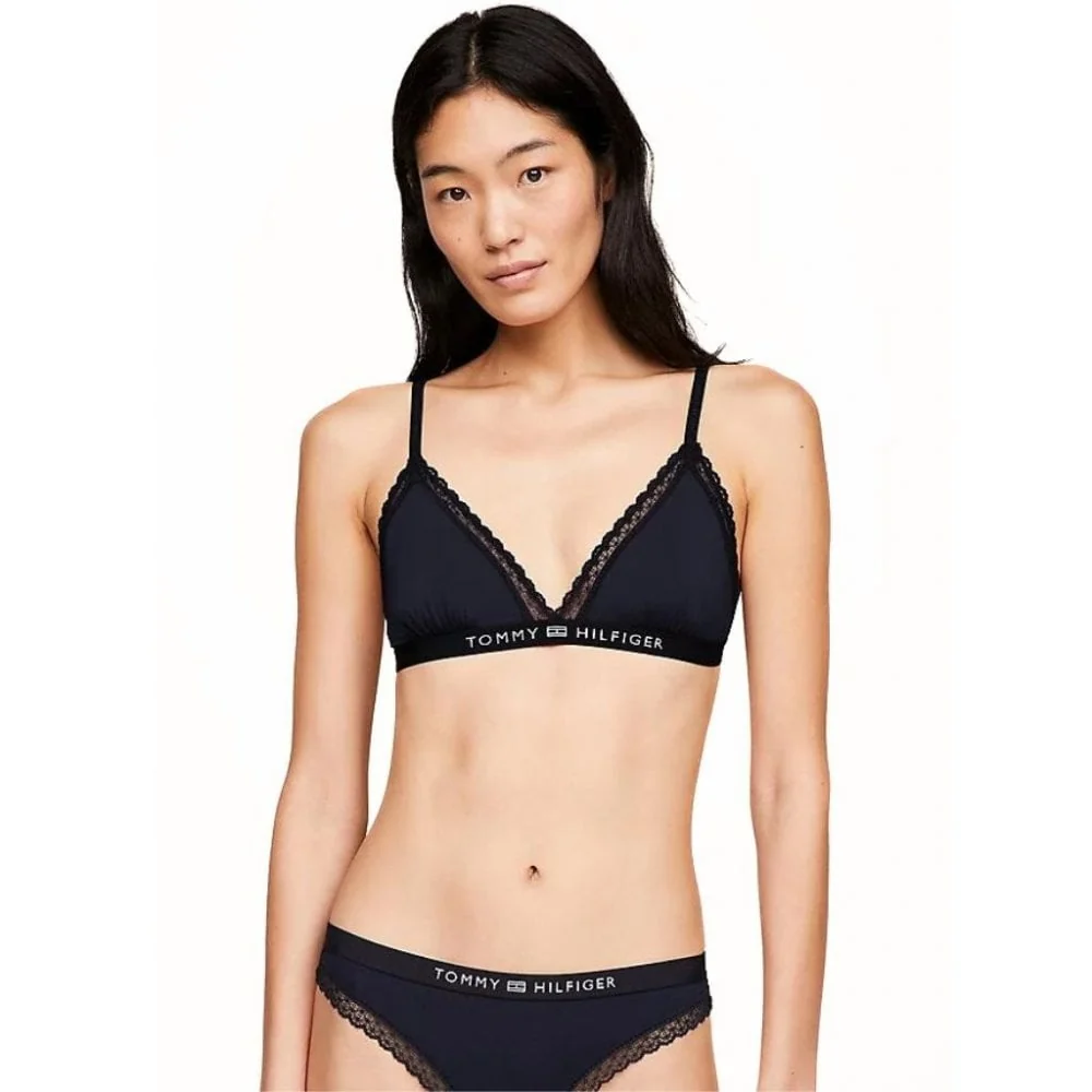 TH Tonal Logo Lace Unlined Triangle Bra, Navy - Image 7