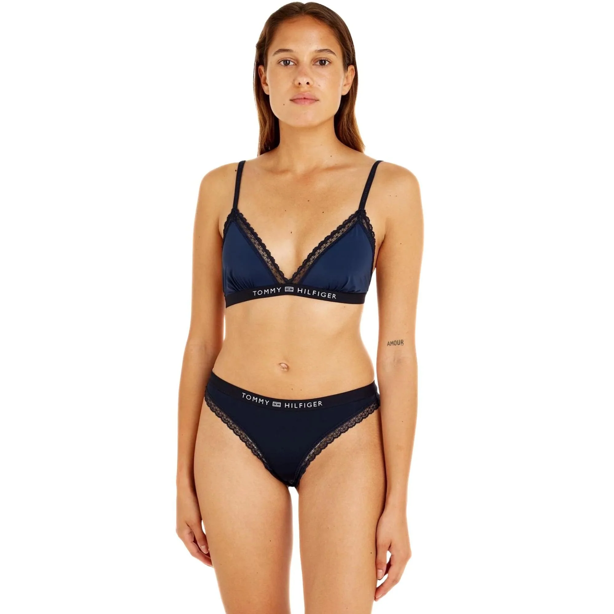 TH Tonal Logo Lace Unlined Triangle Bra, Navy - Image 8