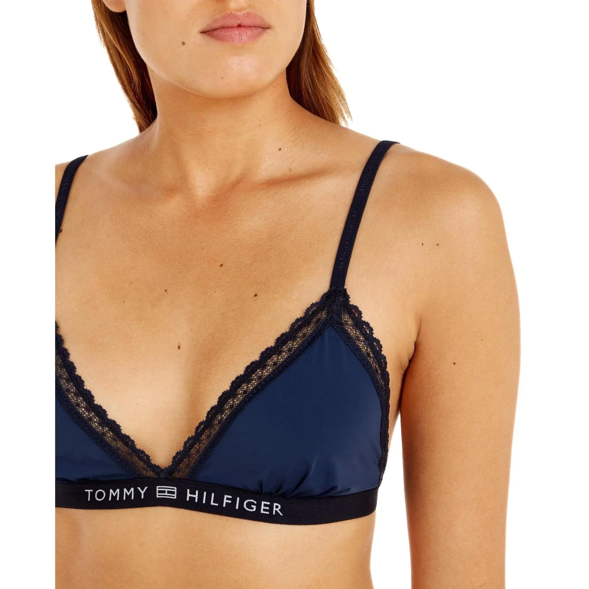TH Tonal Logo Lace Unlined Triangle Bra, Navy - Image 9