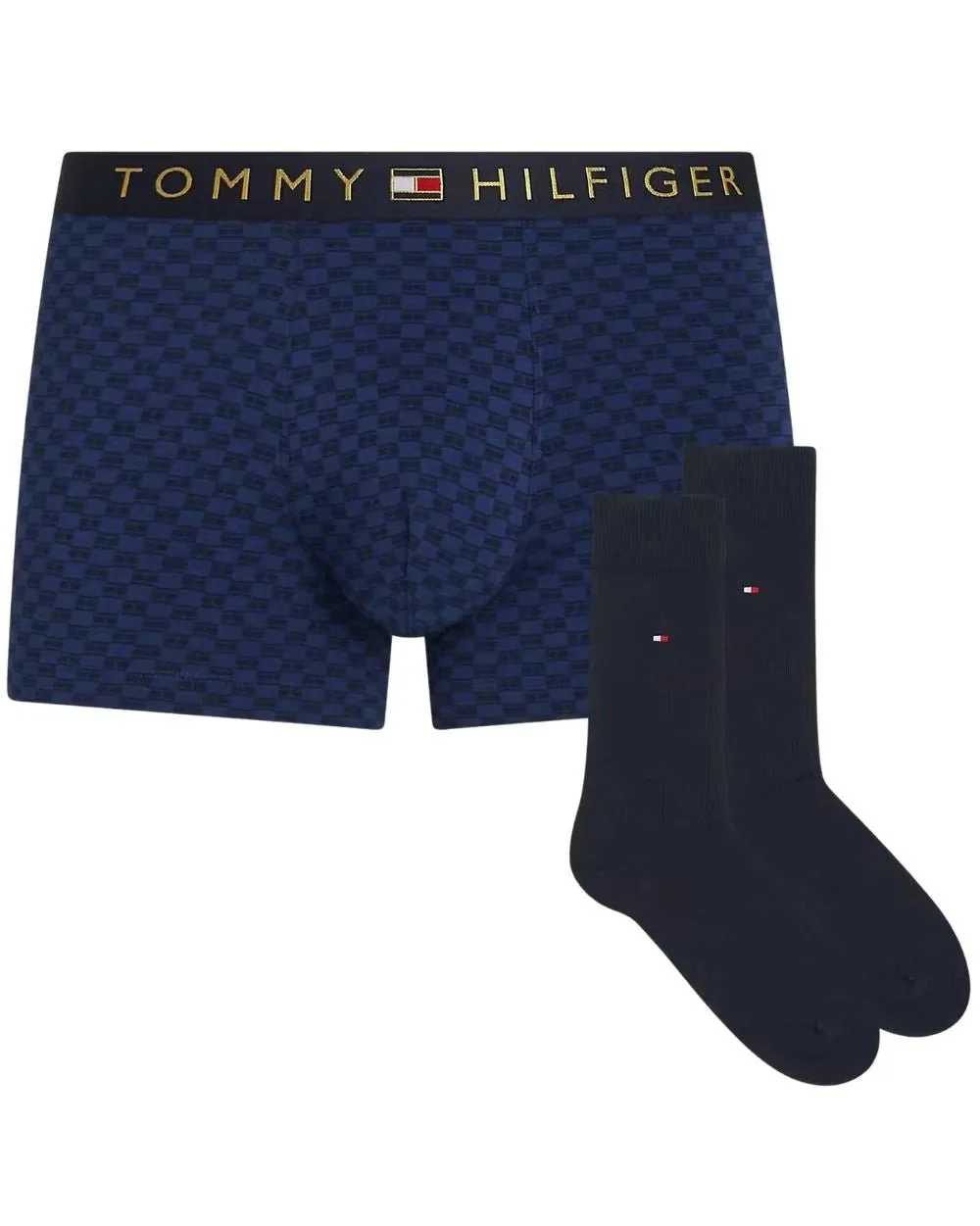 Tonal Flag Print Boxer Trunks & Socks Gift Set, Navy/gold