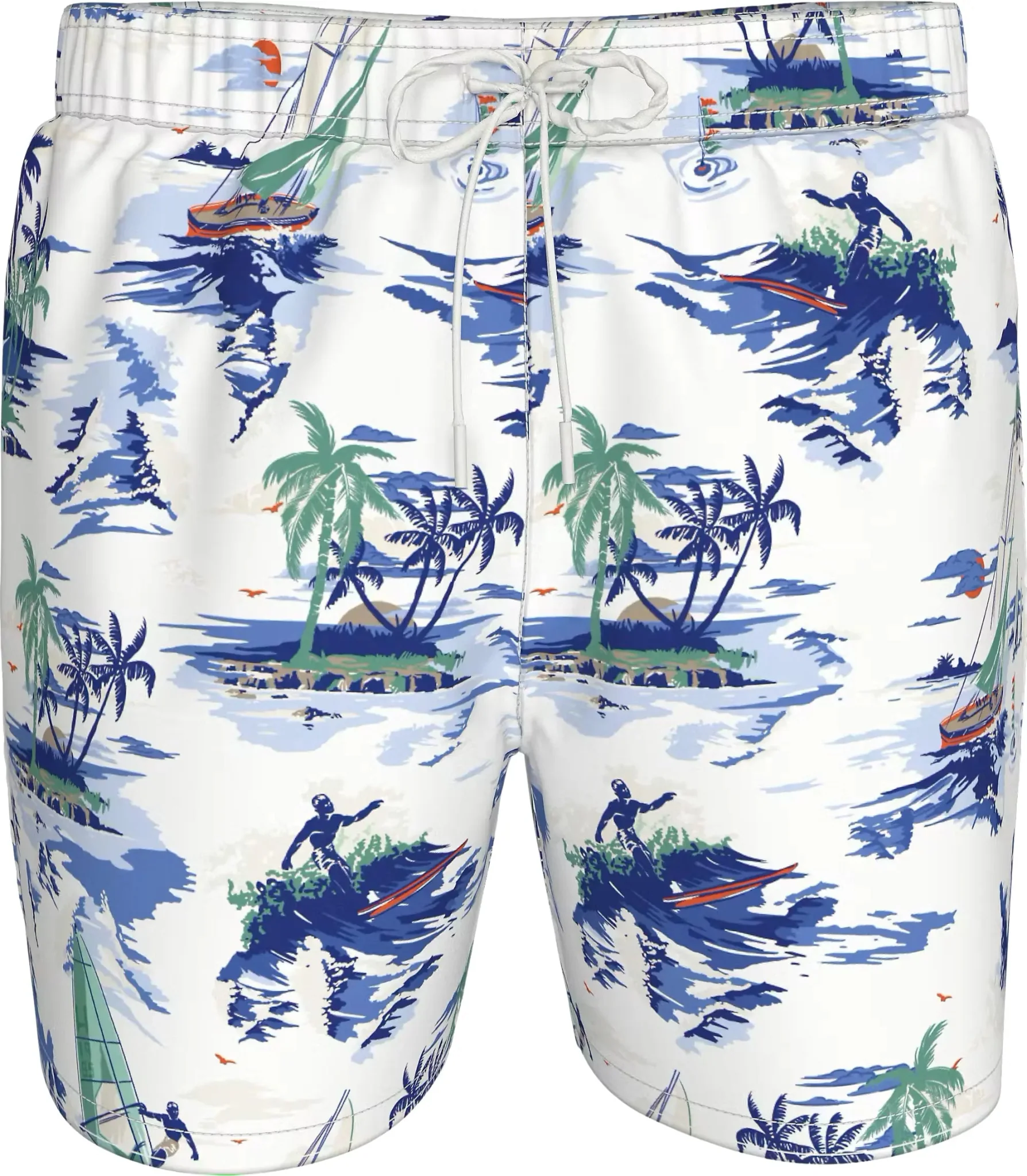 Tropical Conversational Print Swim Shorts, White/blue