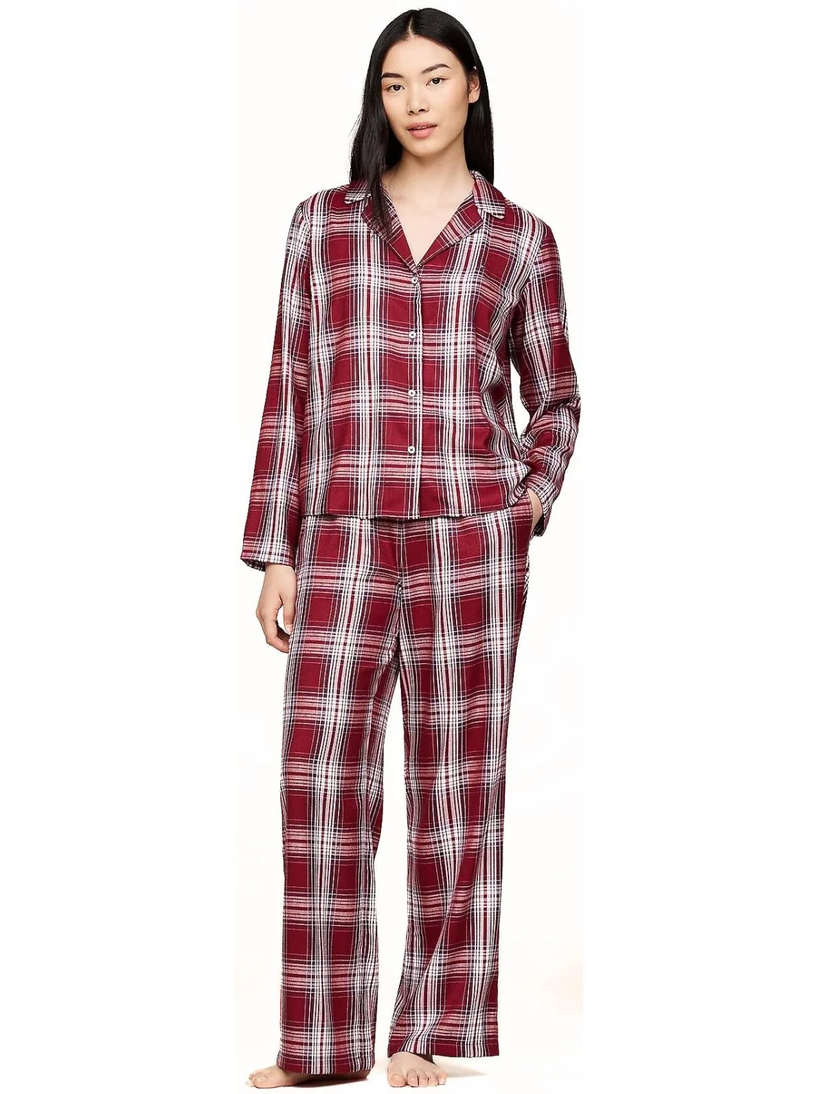 Women Plaid Check Flannel Pyjama Set, Deep Rouge - Image 2
