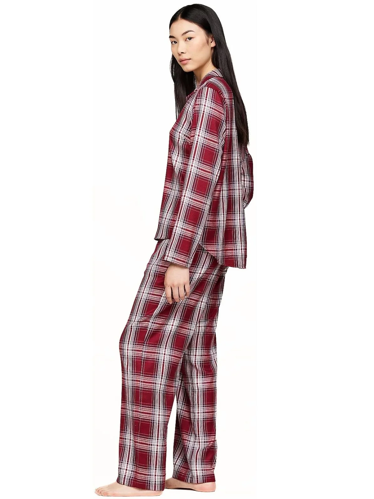 Women Plaid Check Flannel Pyjama Set, Deep Rouge - Image 3