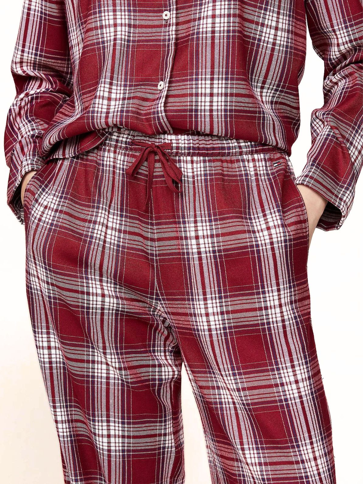 Women Plaid Check Flannel Pyjama Set, Deep Rouge - Image 4