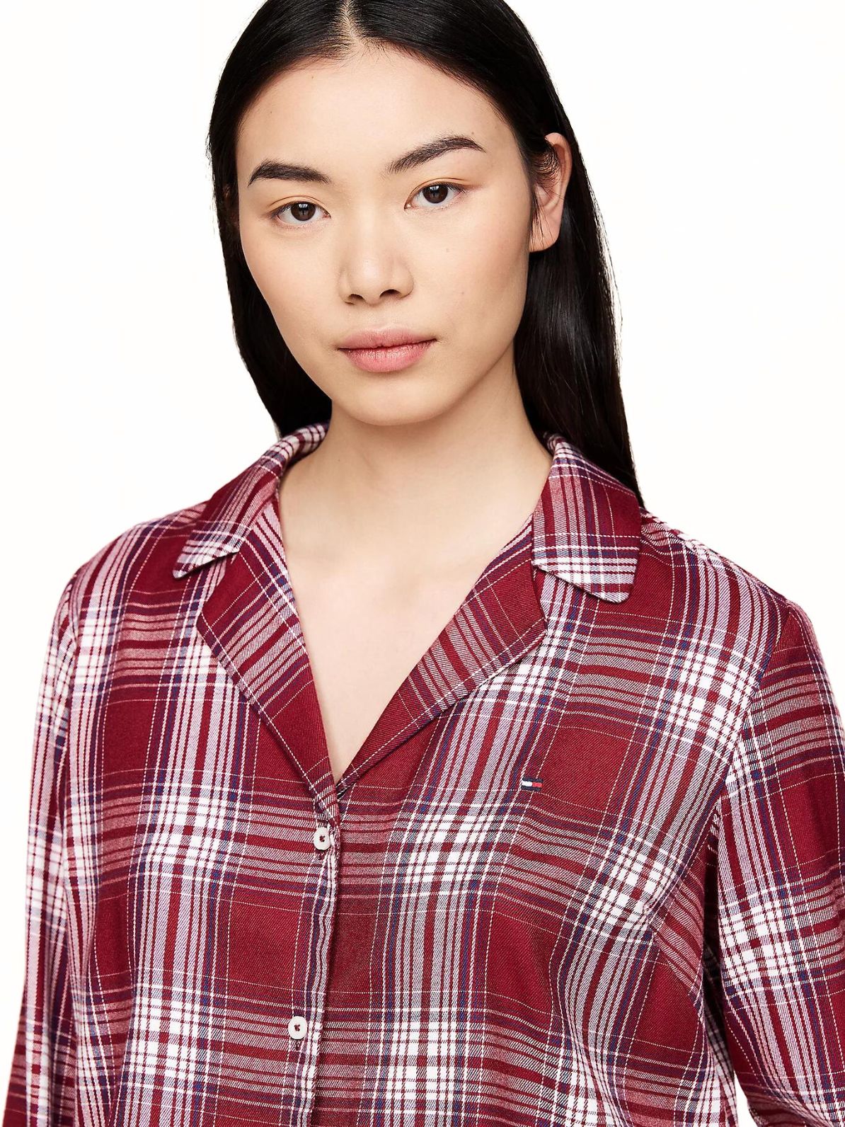 Women Plaid Check Flannel Pyjama Set, Deep Rouge - Image 5